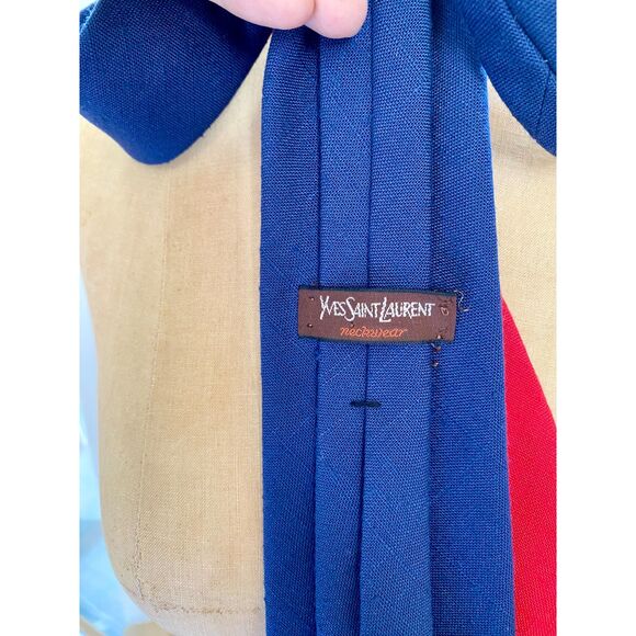 2 VTG Yves Saint Laurent NY Paris Solid Red Blue Slub Fabric Necktie Made in USA - Picture 8 of 13